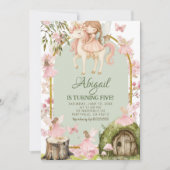 Enchanted Pink Fairy and Unicorns Forest Birthday Einladung (Vorderseite)