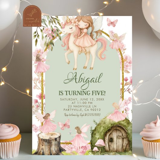 Enchanted Pink Fairy and Unicorns Forest Birthday Einladung