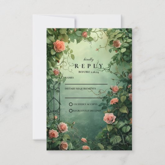 Enchanted Rose Garden Gate Wedding RSVP Karte (Vorderseite)