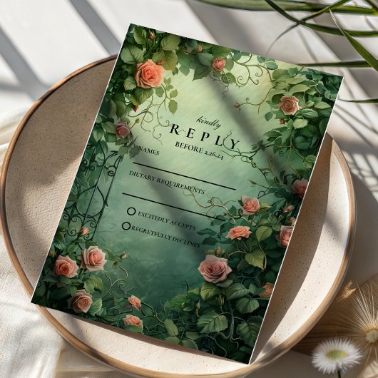 Enchanted Rose Garden Gate Wedding RSVP Karte