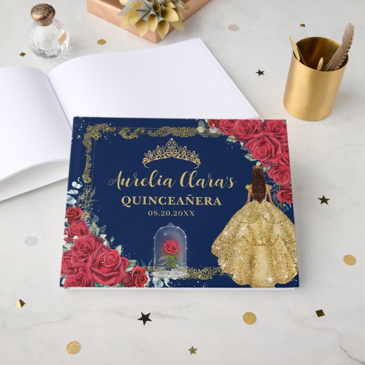 Enchanted Rose Red Roses Princess Gold Quinceanera Gästebuch (Vorderseite Offen)