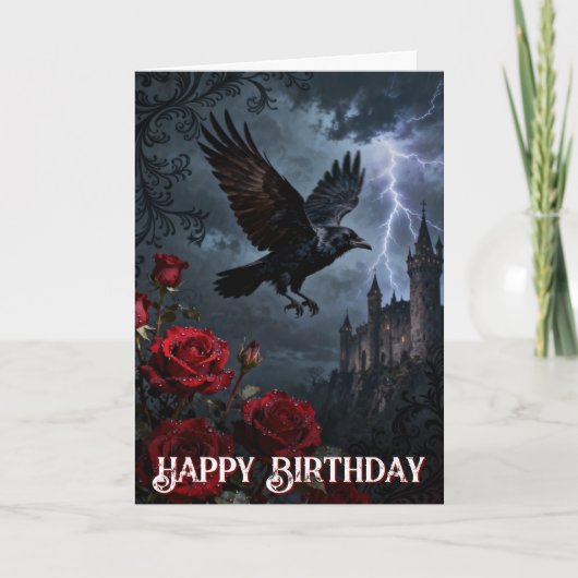 Enchanted Spooky Gothic Castle Raven Birthday Karte (Vorderseite)