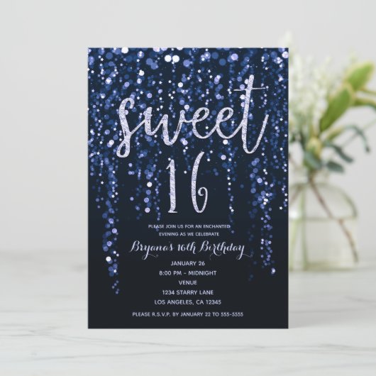 Enchanted Star Lights Blue Violet Sweet 16 Party Einladung (Stehend Vorderseite)