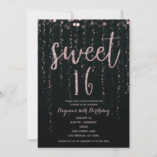 Enchanted Star Lights Rose Gold Blush Sweet 16 Einladung (Vorderseite)