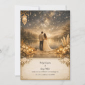 Enchanted Starry Night Lake blue & gold Wedding Einladung (Vorderseite)