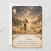 enchanted Starry Night Lake Blue & Gold Wedding Einladung (Vorderseite)