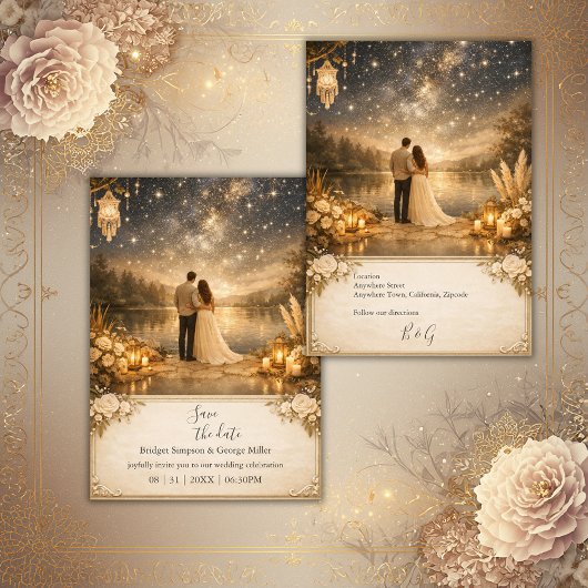 enchanted Starry Night Lake Blue & Gold Wedding Einladung