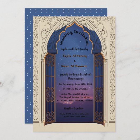 Enchanted Starry Night Moroccan Arch Wedding  Einladung (Vorne/Hinten)
