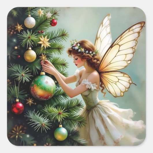 Enchanted Vintage Fairy Christmas Quadratischer Aufkleber (Vorderseite)