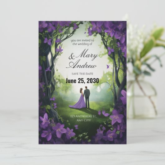Enchanted Violet Garden Wedding Invitation Einladung (Stehend Vorderseite)
