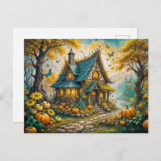 Enchanting Autumn Cottage with Pumpkins Postkarte (Vorne/Hinten)