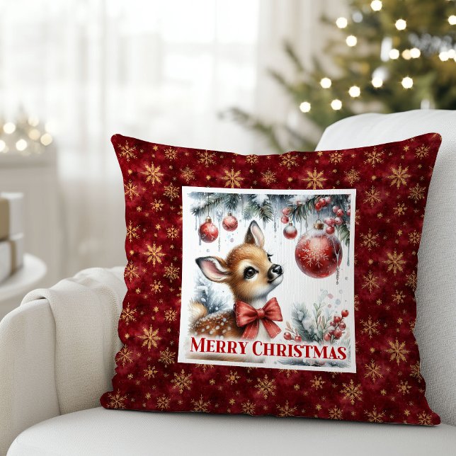 Enchanting baby fawn snowy forest scene Christmas  Kissen (Enchanting baby fawn snowy forest scene Christmas pillow)