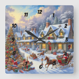 Enchanting Christmas Village Scene Quadratische Wanduhr