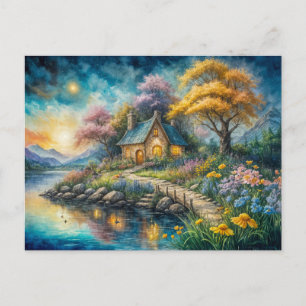 Enchanting Cottage by Moonlit Stream Postkarte