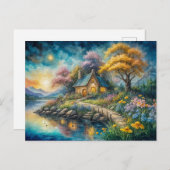 Enchanting Cottage by Moonlit Stream Postkarte (Vorne/Hinten)