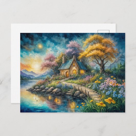 Enchanting Cottage by Moonlit Stream Postkarte (Vorne/Hinten)