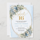 Enchanting Dusty Blue Floral Sweet Sixteen Invites Einladung (Vorderseite)