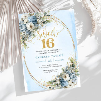Enchanting Dusty Blue Floral Sweet Sixteen Invites Einladung
