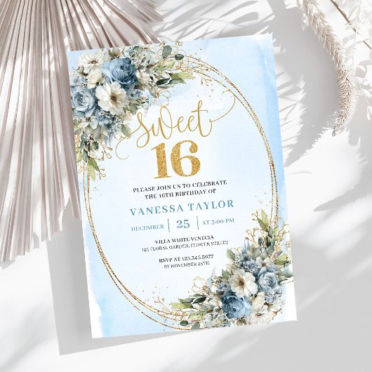 Enchanting Dusty Blue Floral Sweet Sixteen Invites Einladung