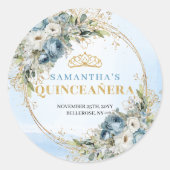 Enchanting Dusty Blue Gold Greenery Quinceañera   Runder Aufkleber (Vorderseite)