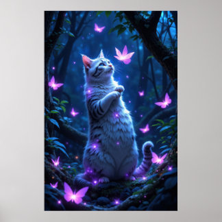 Enchanting kitten in a magical forest with glowing poster