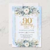 Enchanting light blue gold look 90th birthday einladung (Vorderseite)