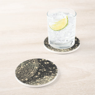 Enchanting Mandala with Gold Stars on Black  Getränkeuntersetzer