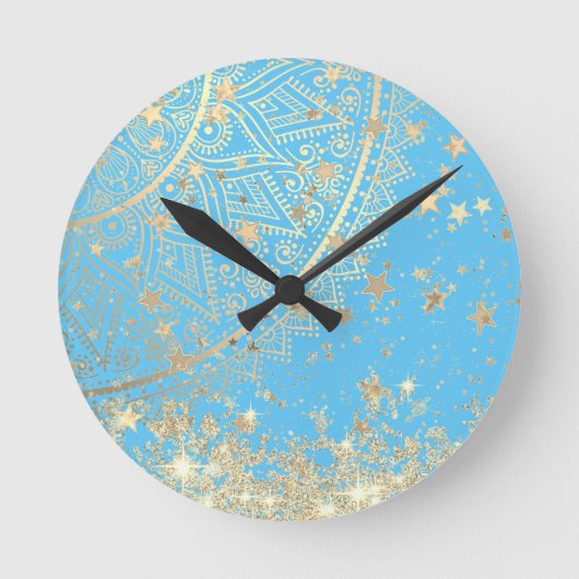 Enchanting Mandala with Gold Stars on Turquoise Runde Wanduhr (Vorderseite)