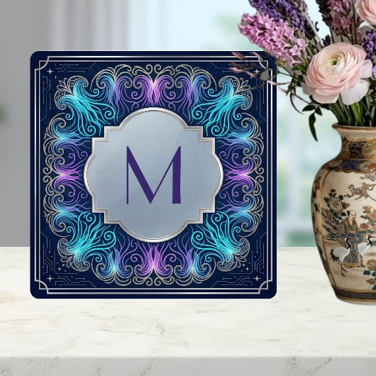 Enchanting  Monogram Teal Purple Swirls Decorative Fliese