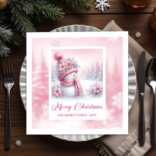 Enchanting Pink Snowman Christmas Scene Napkins  Serviette