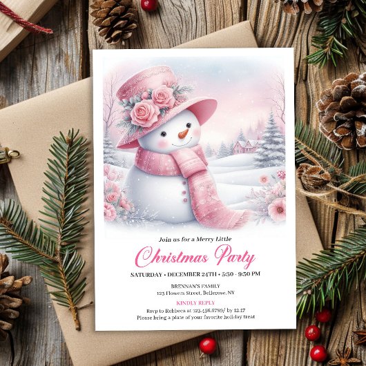Enchanting Pink Snowman Editable Christmas Invite  Einladung