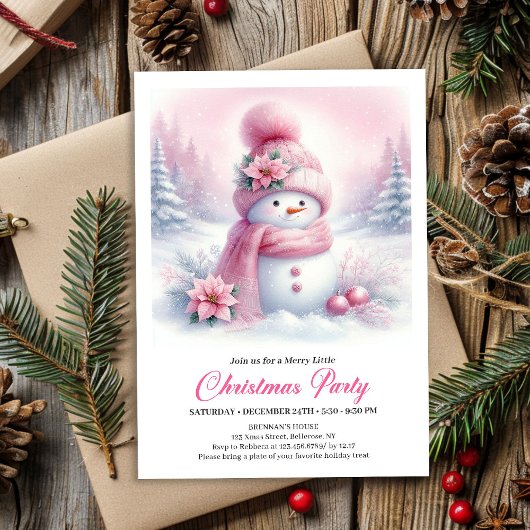 Enchanting Pink Snowman Kids Christmas Invitation Einladung