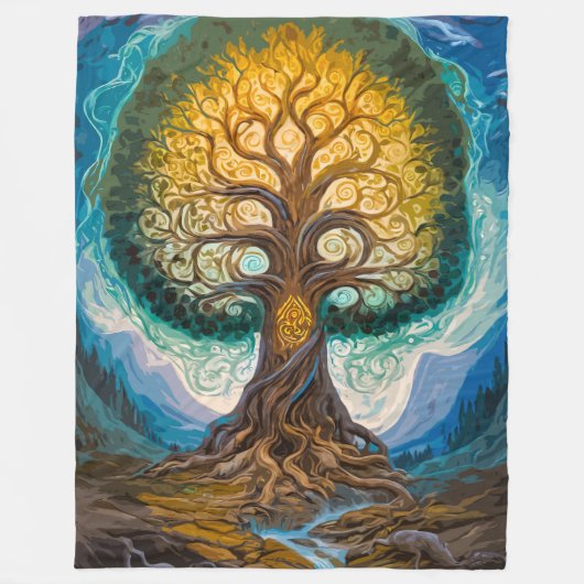 Enchanting Yggdrasil Glowing Tree Magical Landscap Fleecedecke (Vorderseite)