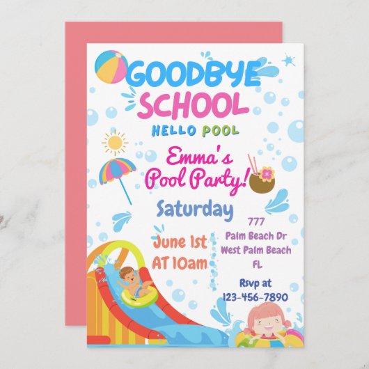 Ende der Party Einladung des Schulpools (Vorne/Hinten)