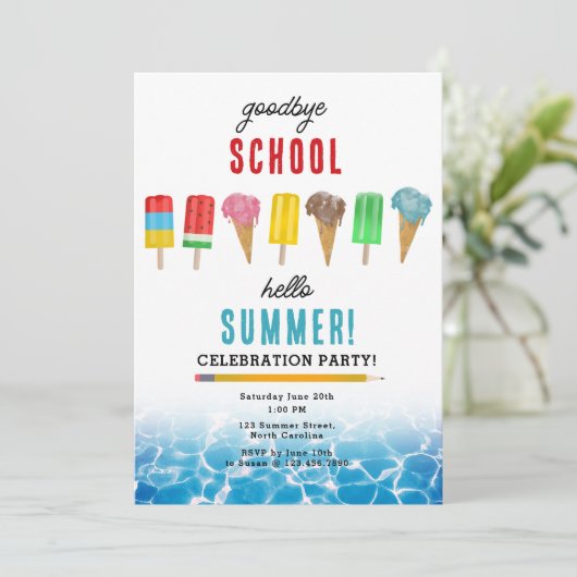 Ende der Schule Goodbye Hello Summer Pool Party Einladung (Stehend Vorderseite)