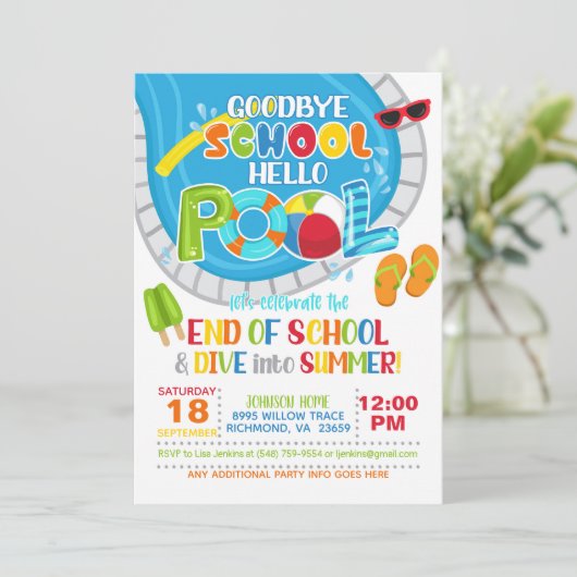 Ende der Schule Pool Party Einladung - Junge (Stehend Vorderseite)