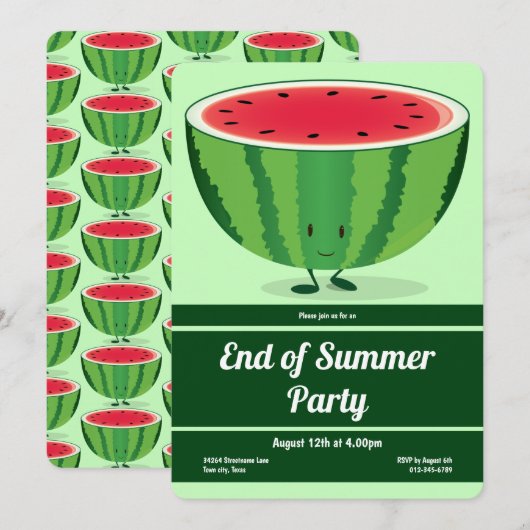 Ende Sommer Party Green Red Watermelon Cartoon Einladung (Vorne/Hinten)