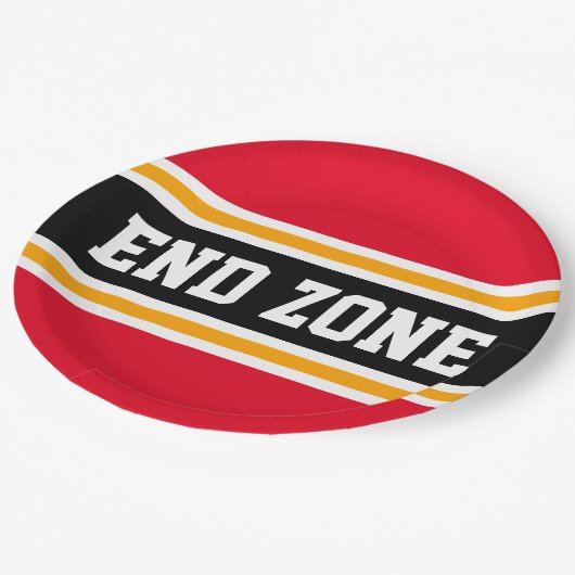 ENDE ZONE Spaß Helle Red Black Football Streifen Pappteller (Schrägansicht)