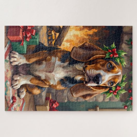 Endearing Basset Hound Dog with Christmas Wreath Puzzle (Horizontal)