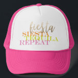 Endgültige Fiesta Bachelorette Gefallen individuel Truckerkappe<br><div class="desc">Feiern Sie Ihren Bachelorette mit einer finalen Fiesta! Dieser personalisierbare LKW ist ein großartiges Gastgeschenk für alle Gäste eines epischen Bachelorette Fiesta! "Fiesta siesta tequila wiederholen" Grafik ist farbenfroh und hell mit modernen Typografie, so kann auf jede Farbe, aber der weiße Hintergrund macht es Pop! Die Grafik kann verändert werden,...</div>