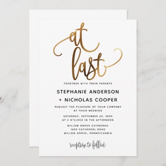 Endlich Black Gold Script Typografy Wedding Einladung (Vorne/Hinten)