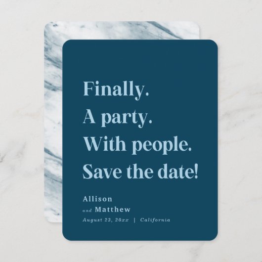 Endlich ein Party Simple Text Navy Blue Minimalist Save The Date (Vorne/Hinten)