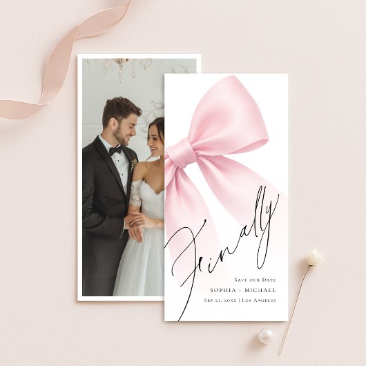 Endlich Elegant Moderner Rosa Schleife Foto-Leseze Save The Date