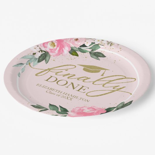 Endlich Fertig Hot Pink Blues Graduierungsparty Pappteller (Schrägansicht)