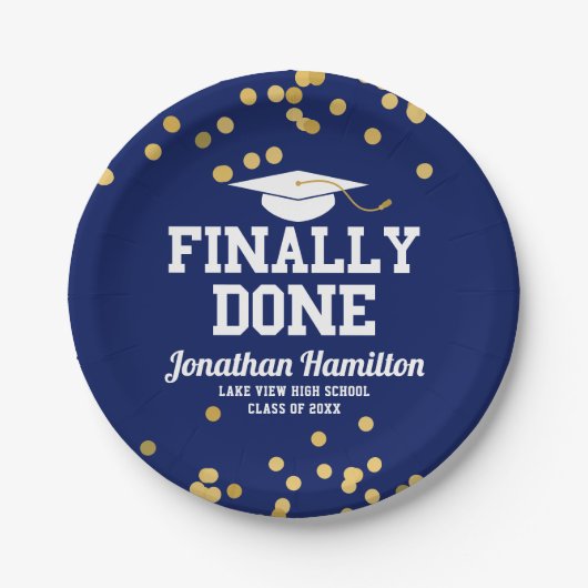 Endlich Fertig Navy Blue Graduation Party Pappteller (Vorderseite)
