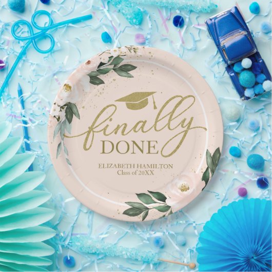Endlich Fertig Rosa Blush Bloral Graduation Party Pappteller (Party)