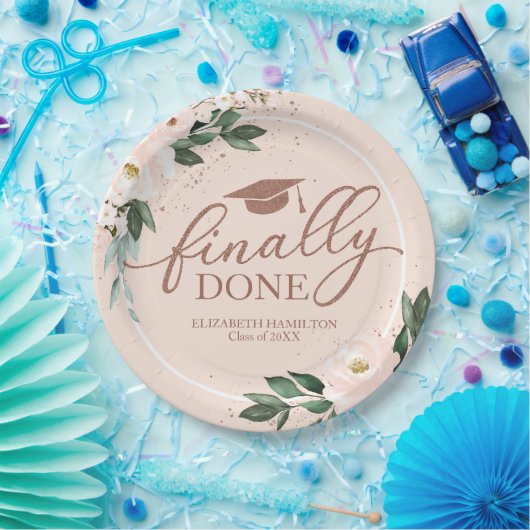 Endlich Fertig Rosa Blush Bloral Graduation Party Pappteller (Party)