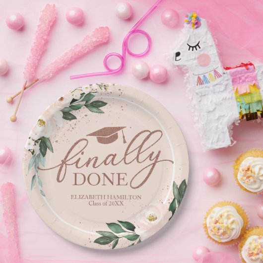 Endlich Fertig Rosa Blush Bloral Graduation Party Pappteller (Party)
