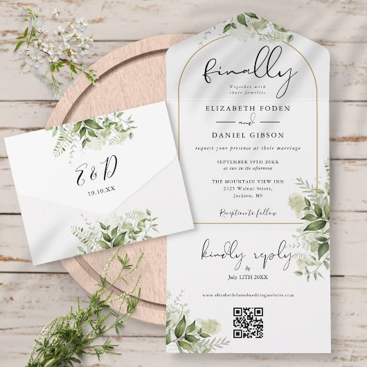 Endlich Gold Arch Greenery Floral QR Code Hochzeit All In One Einladung