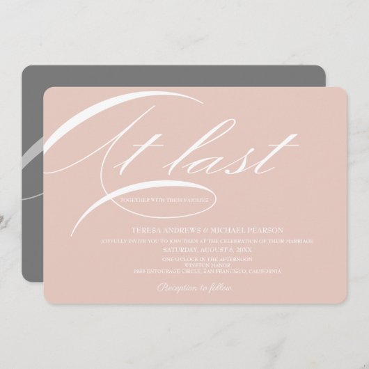 Endlich Kalligrafie Elegant Soft Pink Gray Wedding Einladung (Vorne/Hinten)
